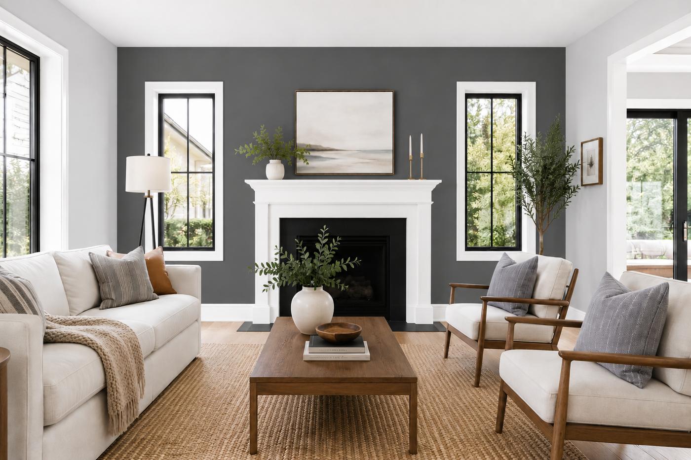 Living room after painting with a bold charcoal accent wall