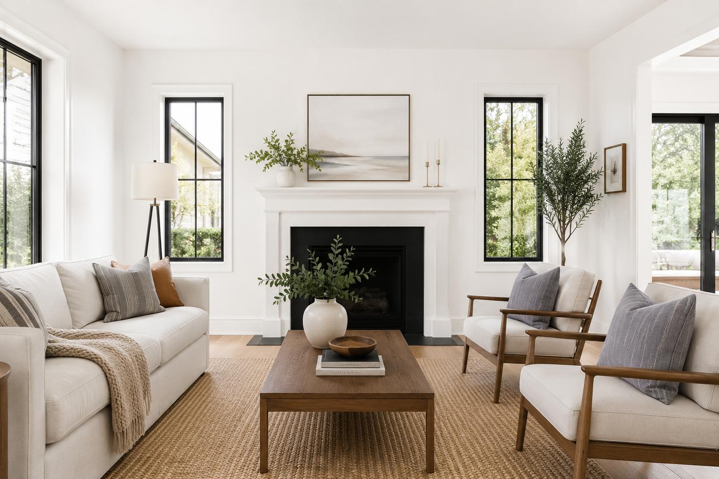 Living room with plain white walls before painting